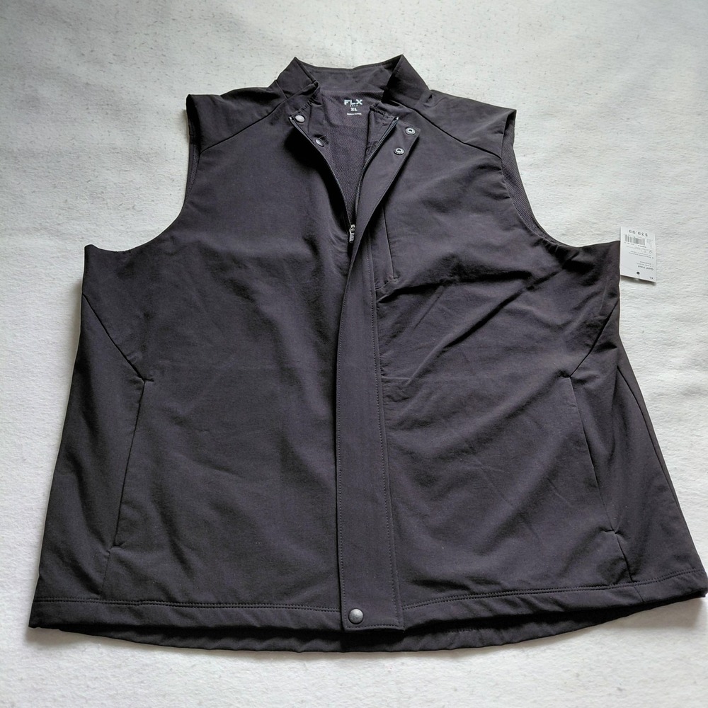 FLX Golf Vest Men XL Black Full Zip Snap Stretch Breathable Nylon Sleeveless NWT